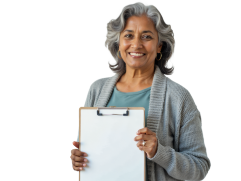 Business portrait isolated on white transparent background: A smiling, mature woman with gray hair holds a clipboard against a plain background, conveying a sense of professionalism and readiness.