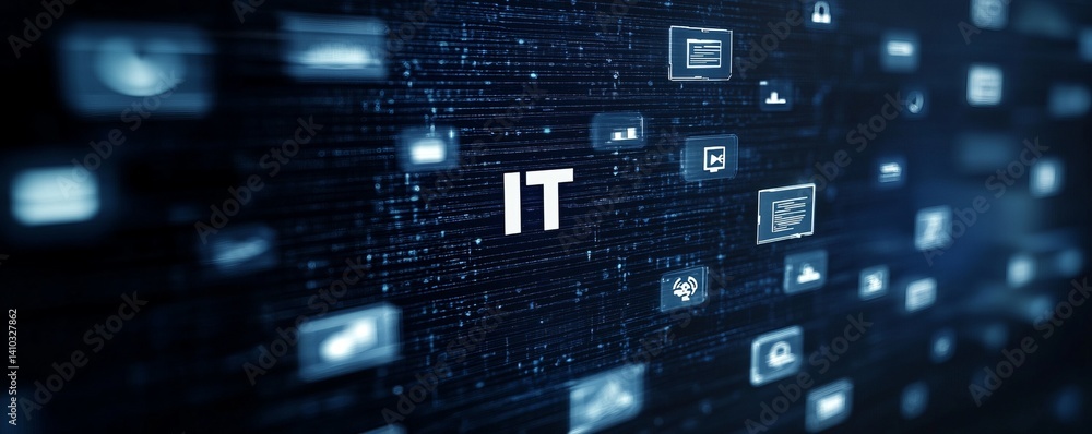 Poster a colorful image of technology with the word it written in white, a digital background with it icons