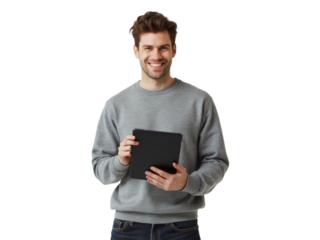 Business portrait isolated on white transparent background: A smiling young man with short brown hair confidently holds a tablet while wearing a gray sweater and jeans against a plain white backgrou