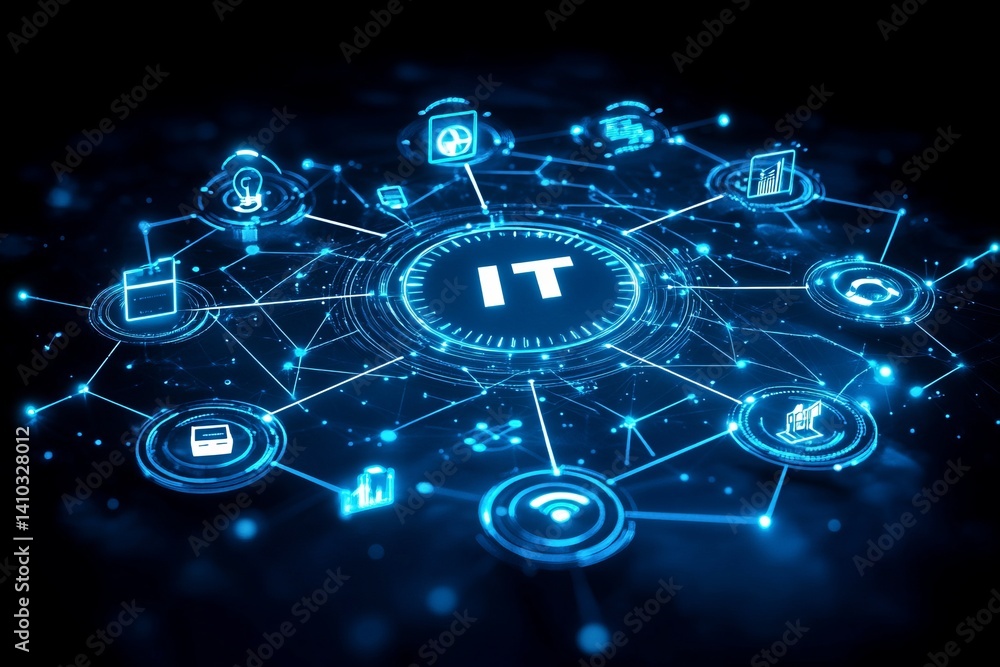 Poster a colorful image of technology with the word it written in white, a digital background with it icons