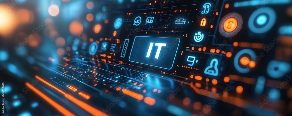Poster a colorful image of technology with the word it written in white, a digital background with it icons