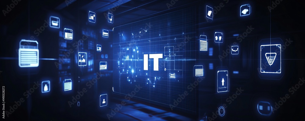 Poster a colorful image of technology with the word it written in white, a digital background with it icons