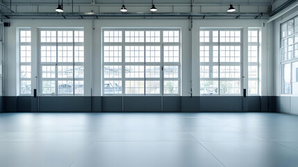Fototapeta premium Empty Modern Industrial Warehouse Interior With Large Windows