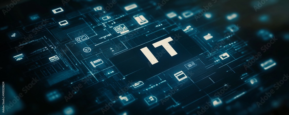 Poster a colorful image of technology with the word it written in white, a digital background with it icons