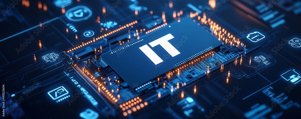 Poster a colorful image of technology with the word it written in white, a digital background with it icons