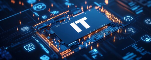 Fototapeta premium A colorful image of technology with the word IT written in white, A digital background with IT icons and the word in large, centered text. The background has a blue gradient.