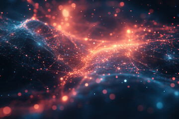 Glowing particles and stars against abstract background.