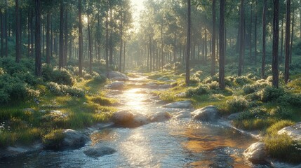 Obraz premium Forest path with water flowing through trees sunlight shines through the canopy.