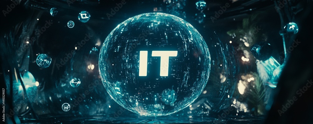 Poster a colorful image of technology with the word it written in white, a digital background with it icons