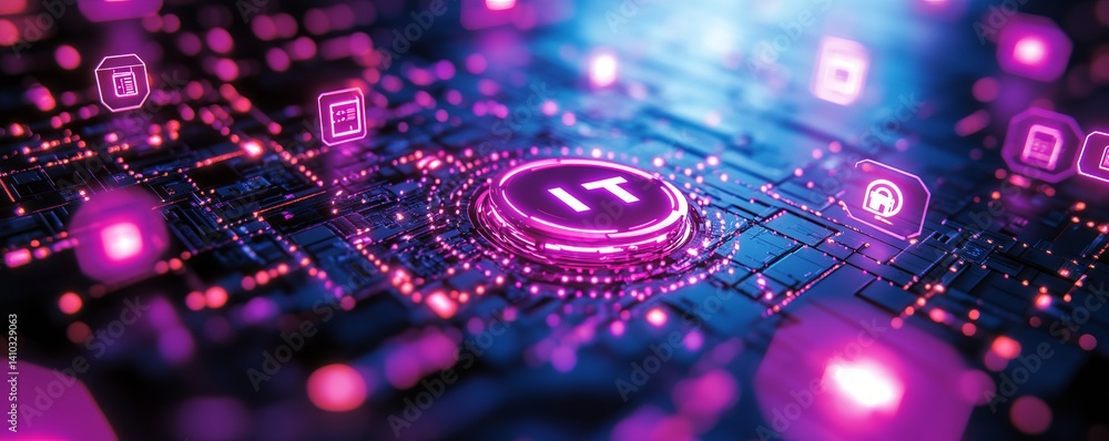 Poster a colorful image of technology with the word it written in white, a digital background with it icons