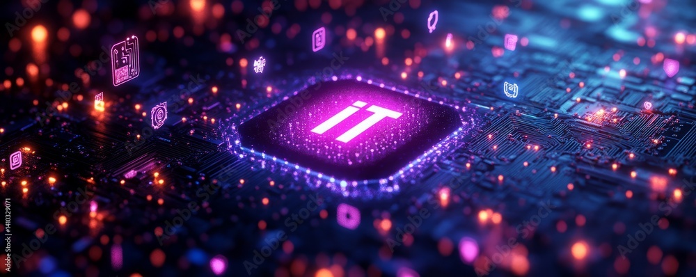 Poster a colorful image of technology with the word it written in white, a digital background with it icons