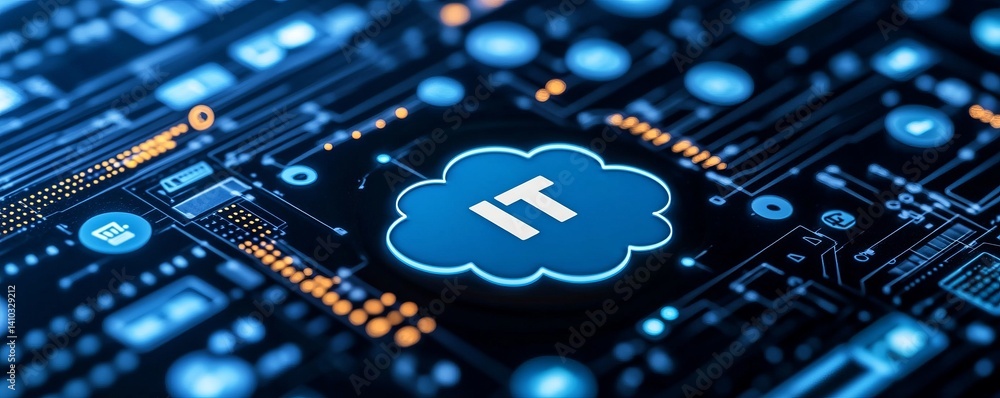 Poster a colorful image of technology with the word it written in white, a digital background with it icons