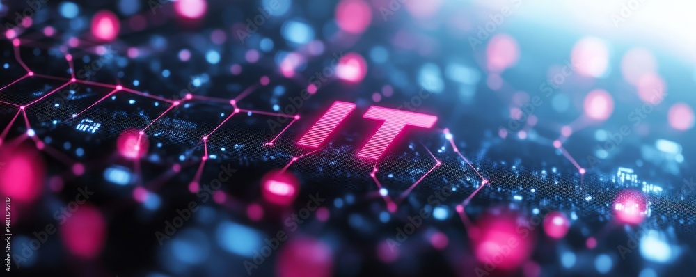 Poster a colorful image of technology with the word it written in white, a digital background with it icons