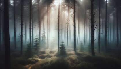 Misty forest with tall pine trees, soft fog rolling through in the early morning light beams