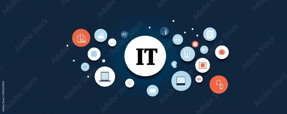 Poster a colorful image of technology with the word it written in white, a digital background with it icons