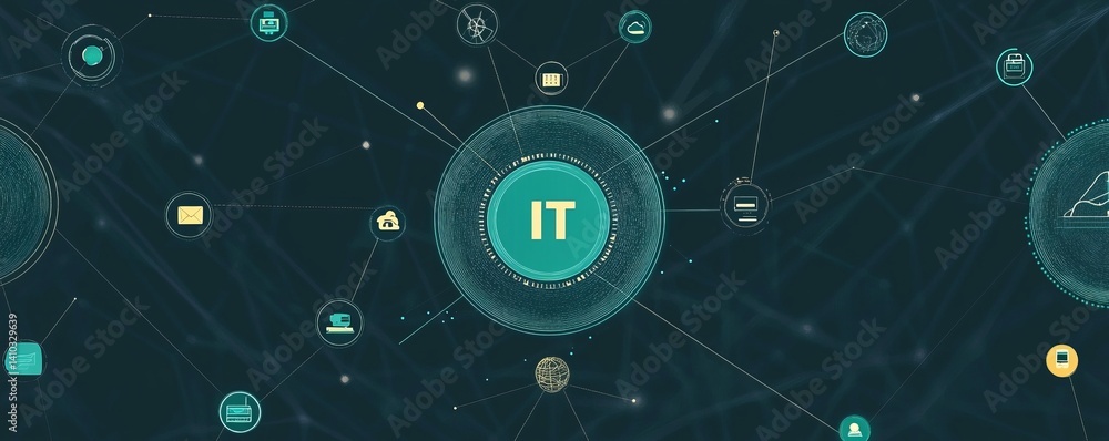 Poster a colorful image of technology with the word it written in white, a digital background with it icons