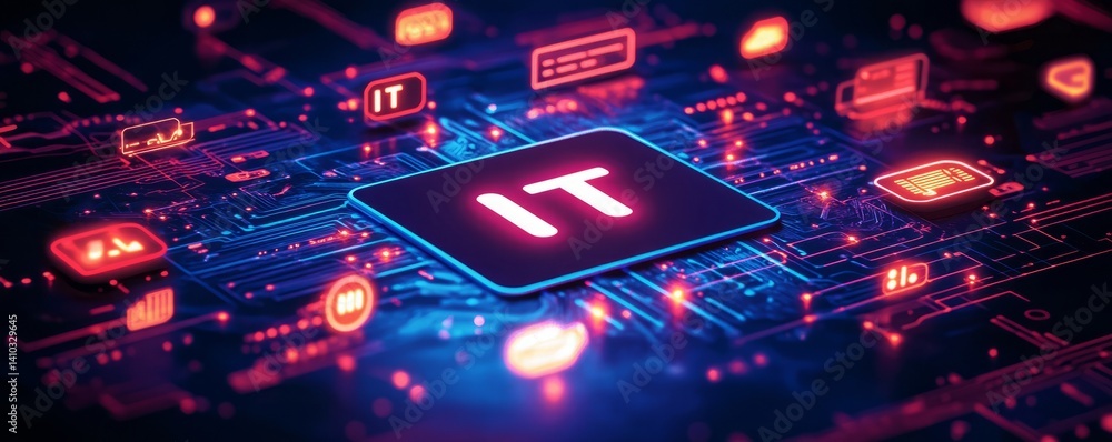 Poster a colorful image of technology with the word it written in white, a digital background with it icons