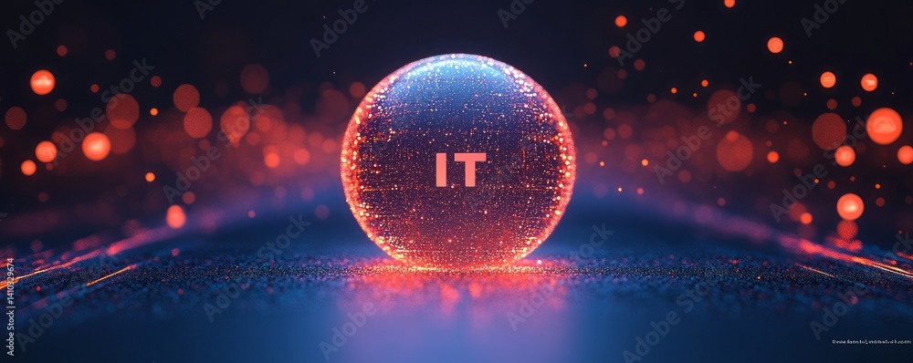 Poster a colorful image of technology with the word it written in white, a digital background with it icons