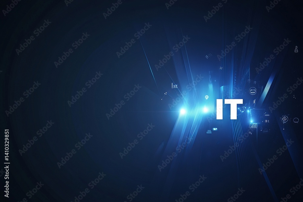 Poster a colorful image of technology with the word it written in white, a digital background with it icons