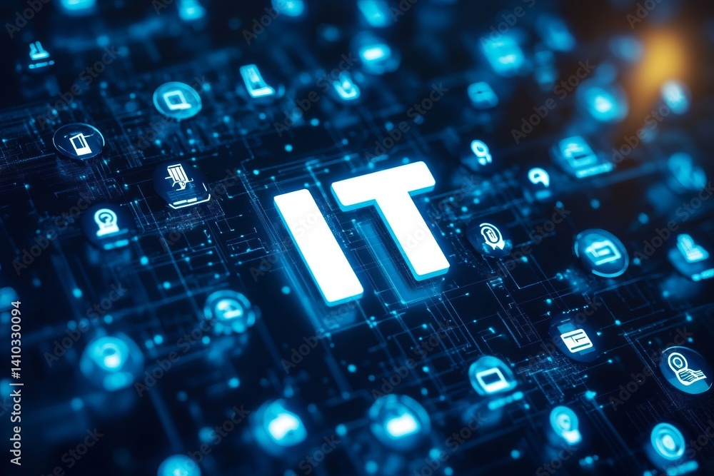 Poster a colorful image of technology with the word it written in white, a digital background with it icons