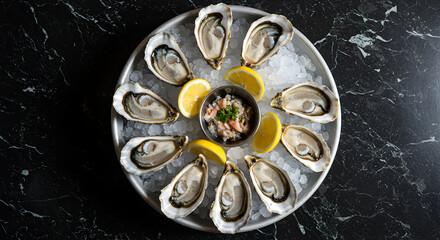 Fresh Oysters On Ice With Lemon Slices Plated On A Round Silver Platter