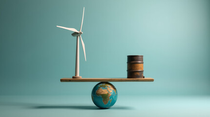A Giant Wind Turbine and an Old Oil Barrel Balanced on Opposite Sides of a Scale Symbolizing the Energy Transition
