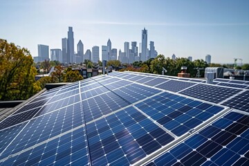 Roof adorned with blue solar panels overlooks sunlit cityscape