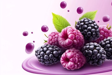 Ripe blackberries and raspberries forming a delicious composition with purple juice and green leaves