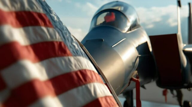 Military fighter jet on runway with American flag background front view patriotic powerful aircraft warplane USA air force aviation strength defense technology