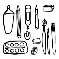 Hand-Drawn Doodle Illustration of Art Supplies: Brush, Paints, Sharpener, Pencil, Pen, Eraser in Sketch Style, Ideal for Branding 