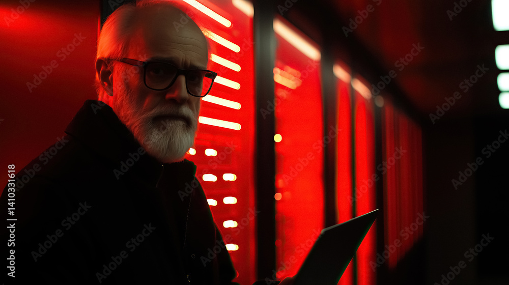 Poster man in glasses with beard standing in front of glowing red lights and holding tablet computer