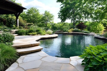 Luxurious backyard freeform swimming pool surrounded by lush greenery and flagstone patio