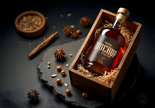 Elegant Glass Bottle Mockup in Wooden Gift Box with Spices