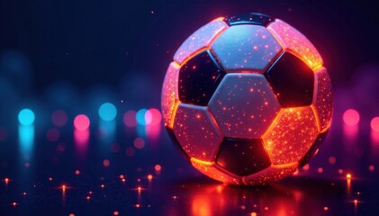 Naklejka premium Close-up of glowing neon soccer ball against dark blue background with scattered neon lights, sports, abstract, soccer ball