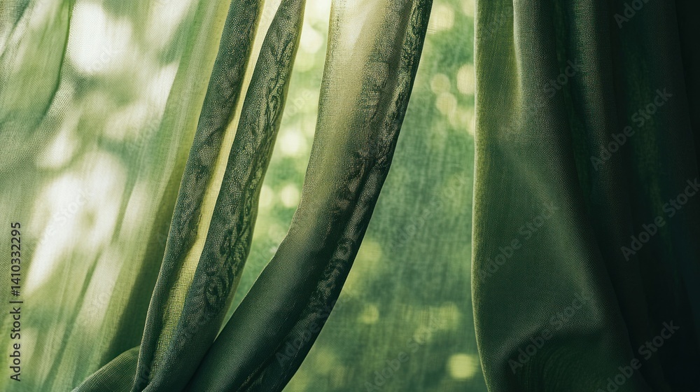 Poster flowing sheer curtains filter the soft sunlight through the window