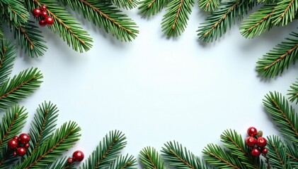 Winter forest border with lush fir branches and rustic pine cones, snow, trees, seasonal
