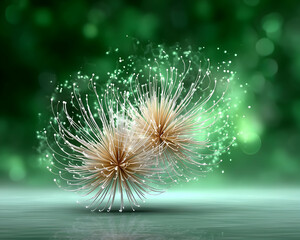 Obraz premium Two luminous, abstract floral forms with glowing filaments against a blurred green background
