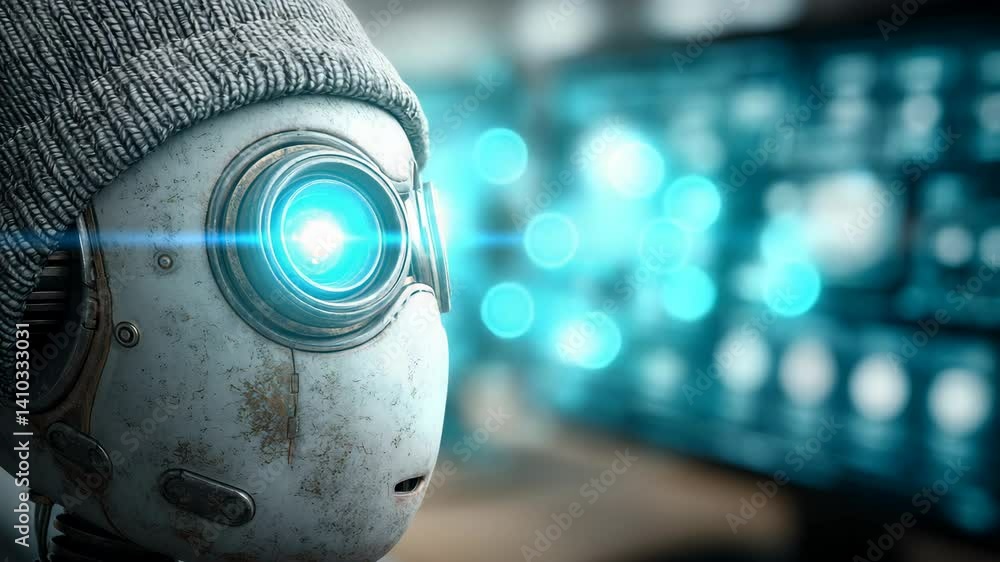 Poster retro future: close-up of a futuristic robot with beanie and bright glowing eye, observing complex t