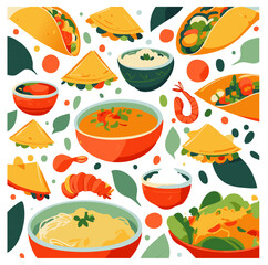 Colorful Flat Style Illustration of Global Cuisine – Bowls of Soup, Noodles, Tacos, Shrimp, and Rice in a Food Pattern

