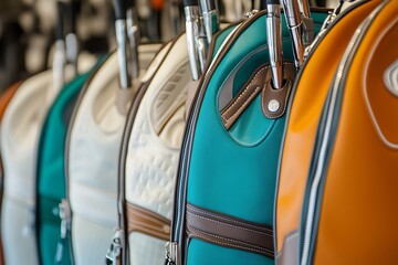 Golf bags standing colorful designs