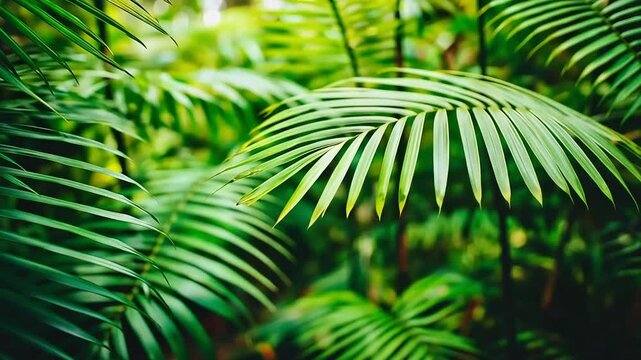Lush green palm fronds, tropical garden background, nature wallpaper