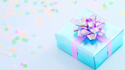 Gift Box with Colorful Wrapping, Ribbon, and Glowing Background