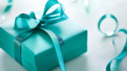 Glossy Ribbon-Tied Gift with Blurred Lights and Confetti