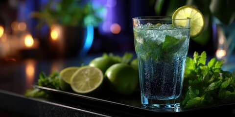 Refreshing mojito drink with mint and lime on a dark table in a softly lit setting