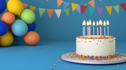 Brightly Decorated Birthday Cake with Lit Candles and Buttercream Frosting