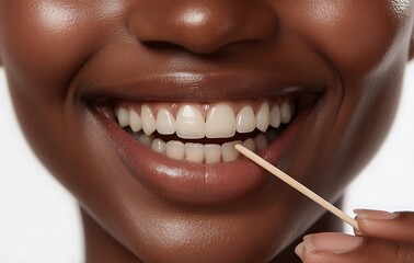 Fototapeta premium Close-Up of Smiling Woman with Beautiful Teeth and Toothpick Detail