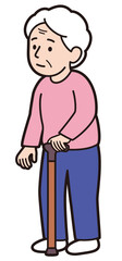 左手で杖をついている左利きのおばあさんの教材風ベクターイラスト(An educational-style vector illustration of a left-handed elderly woman using a cane in her left hand)