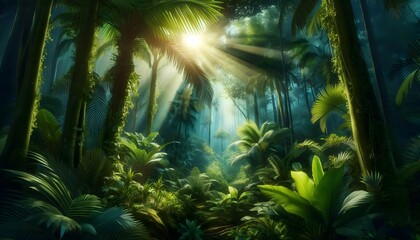 Tropical jungle scene with lush green foliage, and sunlight filtering surrounding leaves, vibrant rainforest atmosphere