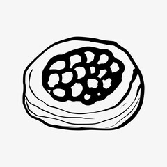 Hand-drawn doodle sketch of a delicious bun filled with fruits and drizzled with syrup. A sweet pastry illustration, perfect for bakery logos, food design, menus, and sweet treat branding.