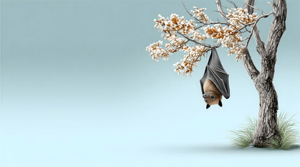 A bat hanging upside down from a snow-dusted branch of a tree against a light blue background